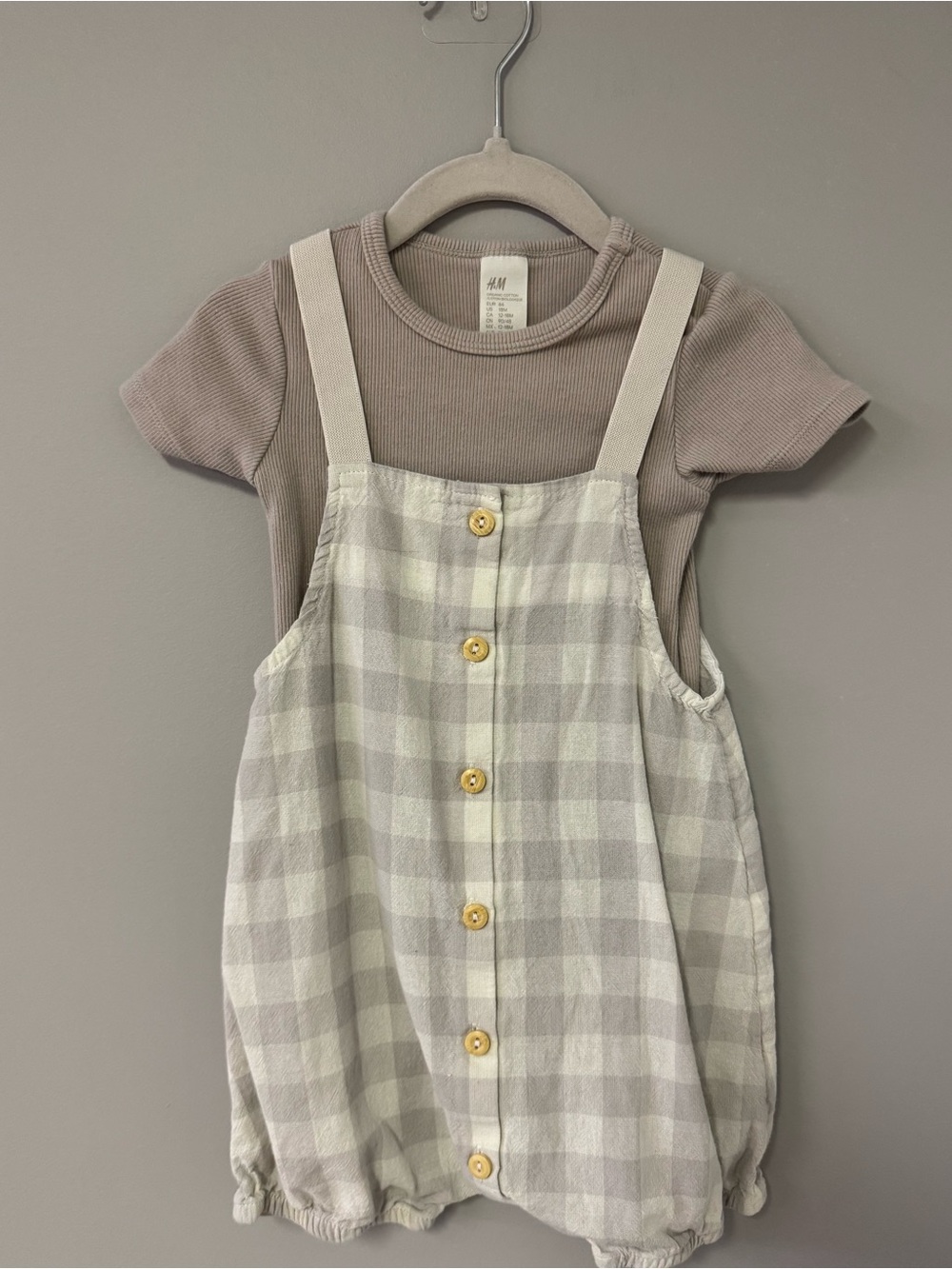 H&M Taupe Ribbed Tee with Cream & Gray Gingham Pinafore Romper
